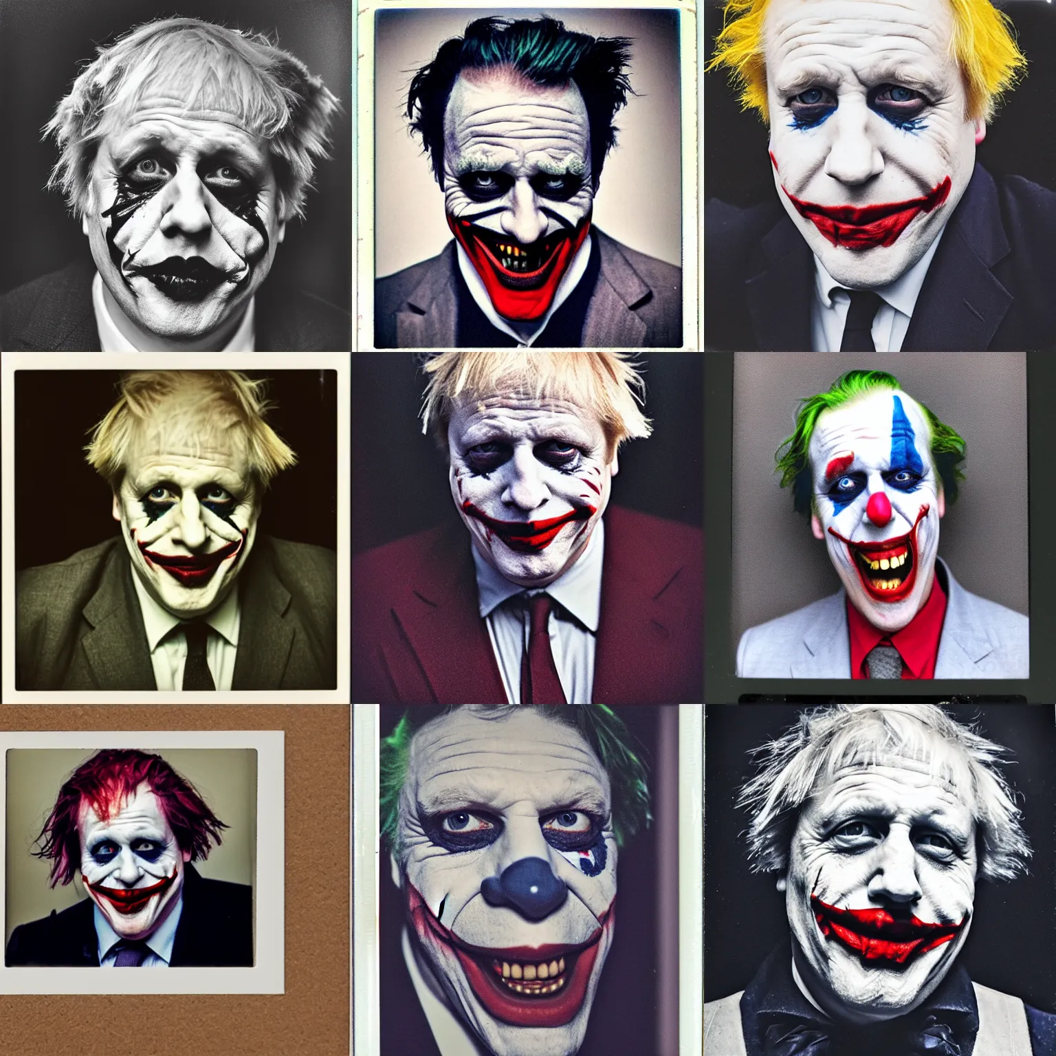 Prompt: Boris Johnson as the Joker, polaroid photograph, 4k