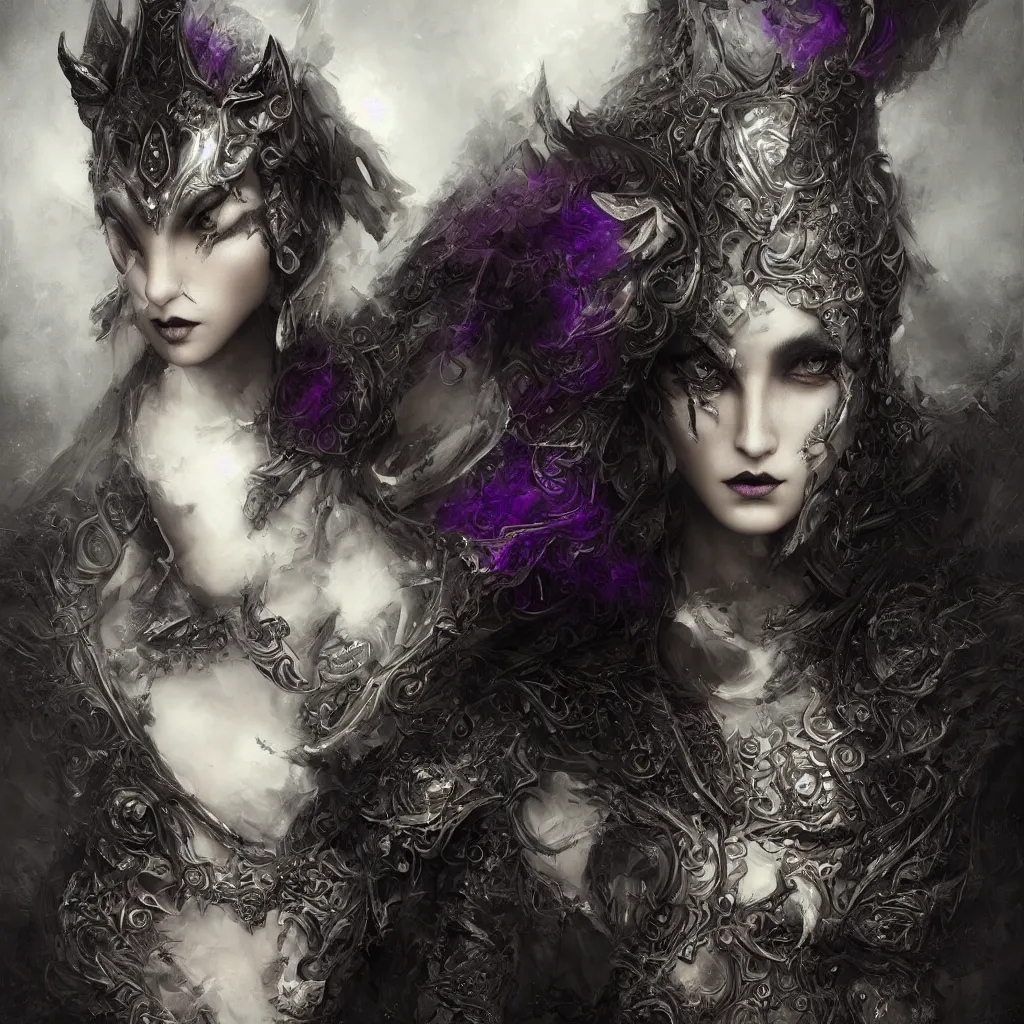 Prompt: tom bagshaw, soft painting centered portrait fractal curiosities carnival, a single beautiful anthropomorphic female wolf mutation in full nightshade gothic armor, accurate features, focus, very intricate ultrafine details, black white purple volumetric clouds, award winning masterpiece, octane render 8 k hd