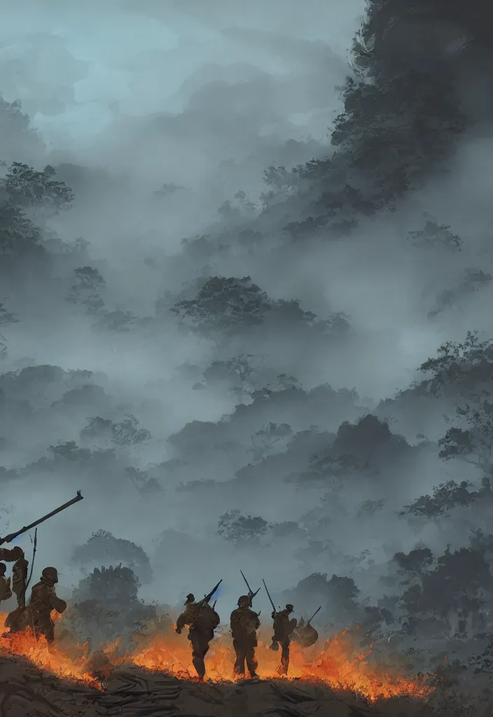 Prompt: handmade illustration of an epic and dramatic Vietnam war scene with a few american soldiers walking, the jungle at the background, some mist grey smoke and fire, blue sky with dramatic clouds, line art, ink, ol on canvas by Kilian Eng and by Jake Parker, heavy brushstrokes, winning-award masterpiece, fantastic, octane render, 8K HD Resolution, High quality image