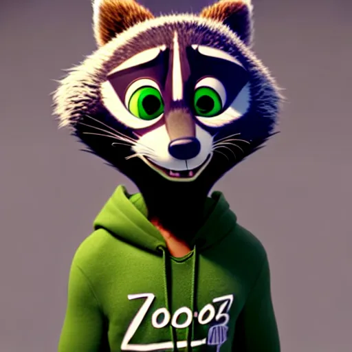 Prompt: a stoner with a black hoodie on with a marijuana themed dark green raccoon head from zootopia, 3 d, blender 3 d, render, extremely detailed, 8 k, has red eyes and a relaxed expression