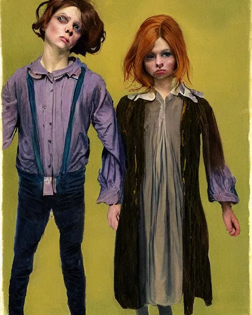 Prompt: two beautiful but creepy siblings wearing oxford shirts in layers of fear, with haunted eyes, 1 9 7 0 s, seventies, wallpaper, a little blood, morning light showing injuries, delicate embellishments, painterly, offset printing technique, by brom, robert henri, walter popp