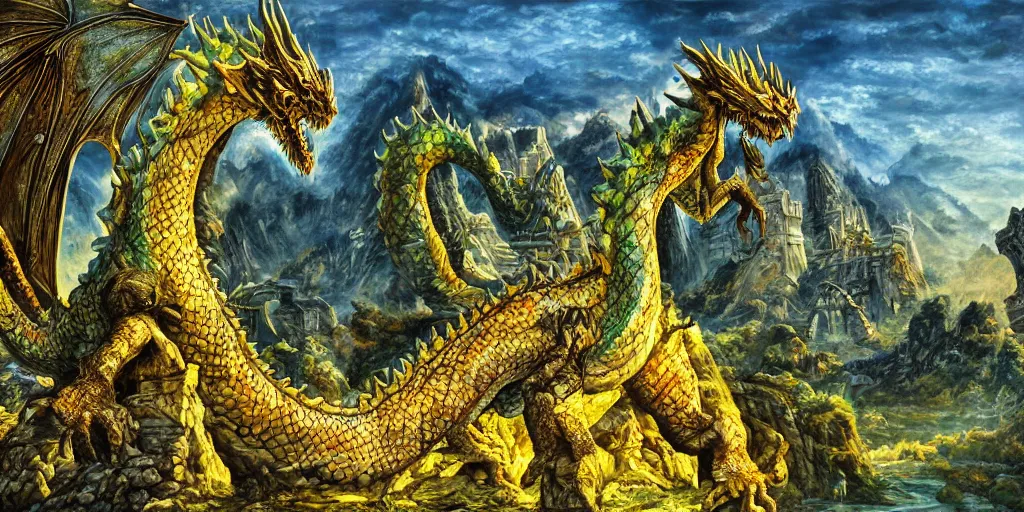 Image similar to Giant dragon rests on top of ancient ruins, realistic dragon scales, full length dragon, columns, distant waterfall, distant mountains, ancient ruin, overgrown, blue green yellow colors, detailed oil painting