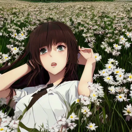 Prompt: a young woman with dark brown hair and green eyes, wearing a white dress, lying in a field of flowers, anime key visual, artstation, kuvshinov ilya