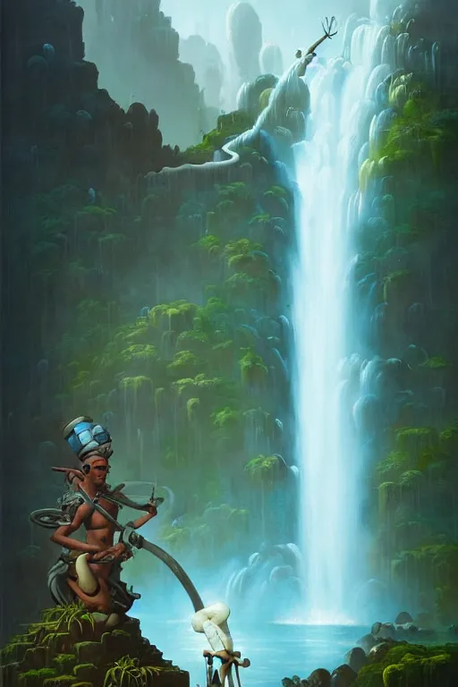 Image similar to water faucet person dnd character with a waterfall behind them by peter mohrbacher, basquiat