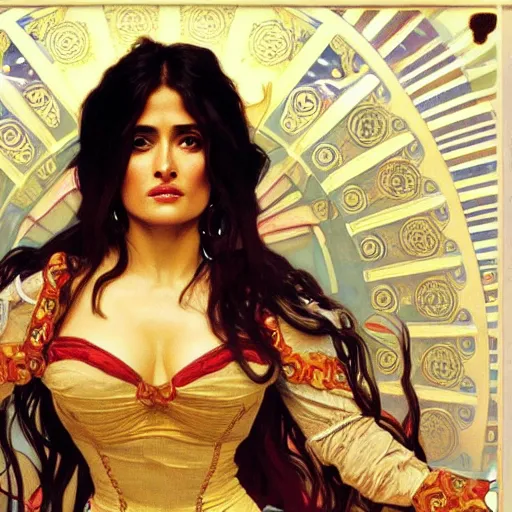 Prompt: salma hayek medium shot portrait by alphonse mucha, playful, fantasy, medieval, beautiful face, perfect detailed eyes, vivid colrs, elegant, sharp focus, hyper - realistic, 4 k, unreal engine, highly detailed, hd, dramatic lighting by brom, trending on artstation