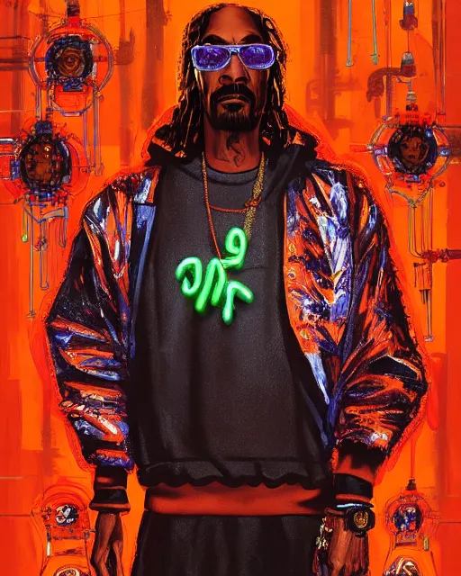 Image similar to detailed full body portrait of snoop dogg, cyberpunk futuristic neon, orange reflective puffy coat, decorated with traditional Japanese ornaments by Ismail inceoglu dragan bibin hans thoma greg rutkowski Alexandros Pyromallis Nekro Rene Maritte Illustrated, Perfect face, fine details, realistic shaded, fine-face, pretty face