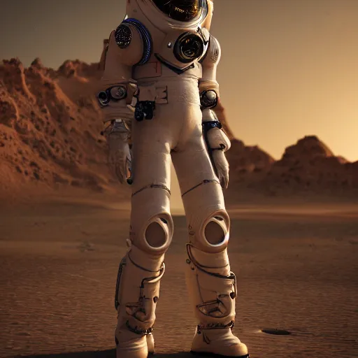 Image similar to portrait photography of a white steampunk space engineer suit, in an desert alien planet, ultra detail, beautiful light, high detail, 8 k, f / 2. 8, octane render