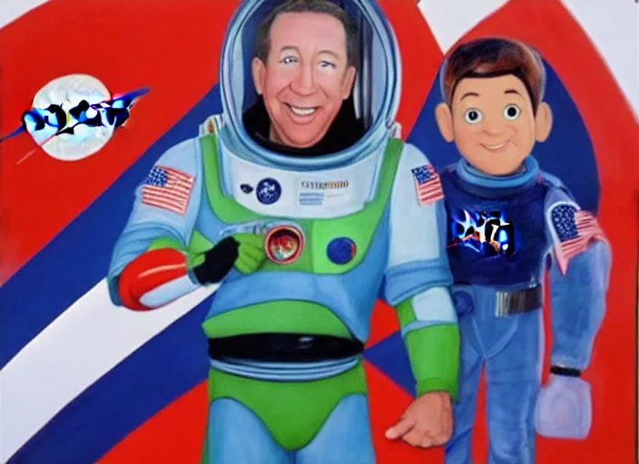 Image similar to painting of tim allen in a nasa space suit with a buzz lightyear doll in his hand in front of an american flag