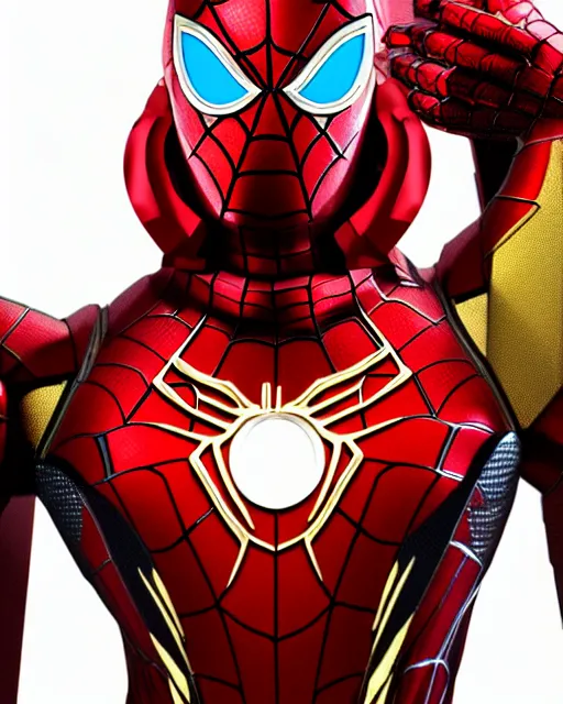 Prompt: fabricated a new red and gold costume super high resolution photorealistic cyberpunk iron spiderman mixed with iron man