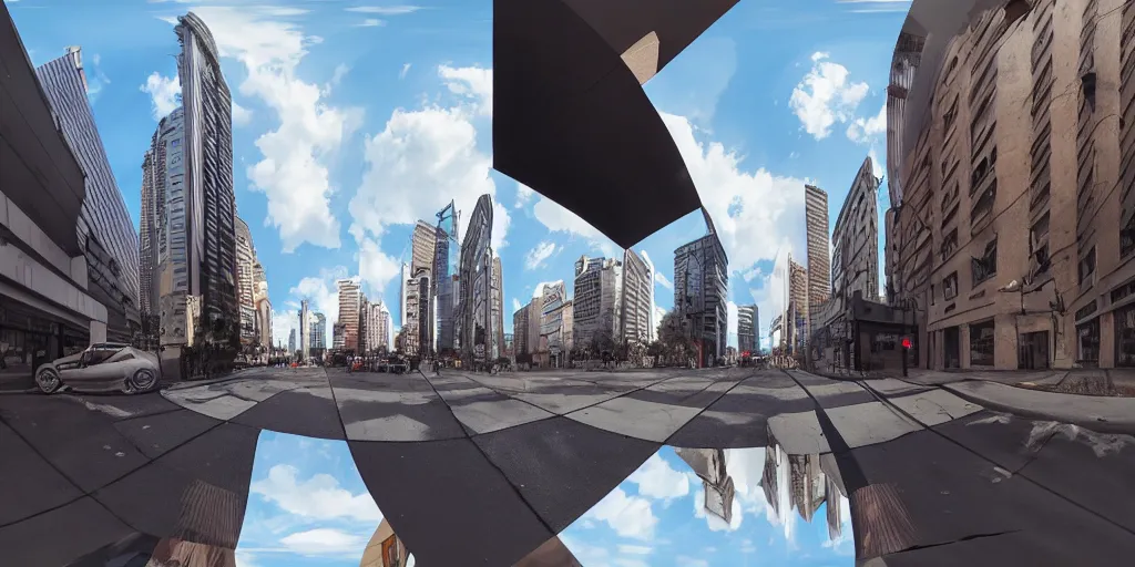 Image similar to equirectangular 360 vr modern urban street , highly detailed, photorealistic, reflections, smooth, sharp focus, concept art, illustration, beautiful, geometric, trending on artstation, cinematic, featured on behance , artwork by WLOP and Tran, Ross
