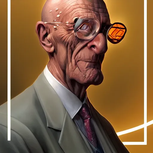 Image similar to Professor Farnsworth, portrait, highly detailed, digital painting, artstation, concept art, sharp focus, illustration, art by artgerm and greg rutkowski and alphonse mucha