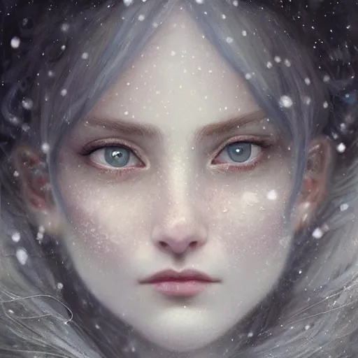 Prompt: Beautiful Delicate Detailed portrait of snow woman, With Magical grey eyes by Tom Bagshaw, Bastien Lecouffe Deharme, Erik Johansson, Amanda Sage, Alex Grey, Alphonse Mucha, Harry Clarke, Josephine Wall and Pino Daeni, Delicate winter frozen creature With long white windy Hair and Magical Sparkling Eyes, Magic Particles; Magic Swirls, 4K; 64 megapixels; 8K resolution concept art; detailed painting; digital illustration; hyperrealism; trending on Artstation; Unreal Engine Photorealistic, lifelike, Unreal Engine, sharp, sharpness, detailed, 8K