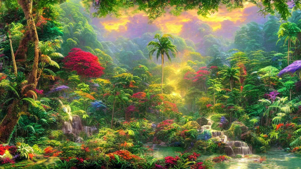 Prompt: beautiful tropical forest, illustration by thomas kinkade, colorful, matte painting 3 - d 4 kcreative design 8 k digital art