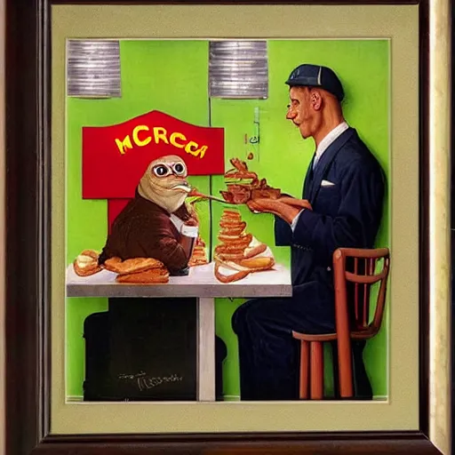 Image similar to pepe working at mcdonalds by norman rockwell