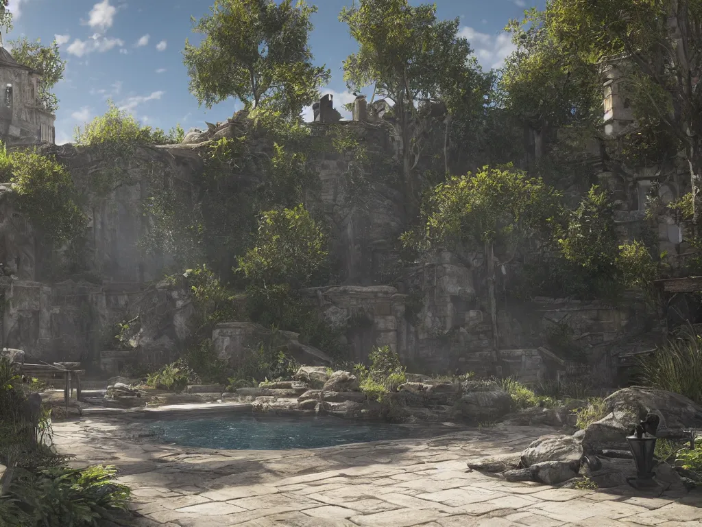 Prompt: outdoor design, in the style of assassin's creed, by weta digital, marquee, cinematic lighting, contre - jour, 2 0 2 2, a small waterfall between two residentials