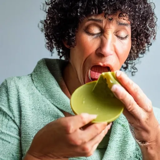 Prompt: closeup of a woman tasting a stinking old green cheese