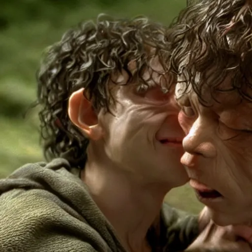 Image similar to gollum kissing frodo in lord of the rings by peter jackson, still, very photorealistic