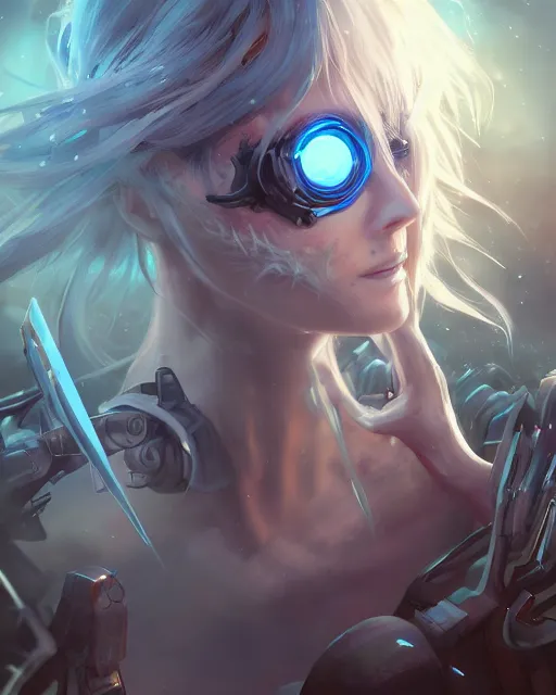 Image similar to holy cyborg necromancer girl, elegant, scifi, futuristic, utopia, garden, illustration, atmosphere, top lighting, blue eyes, white hair, beautiful, artstation, highly detailed, art by yuhong ding and chengwei pan and serafleur and ina wong