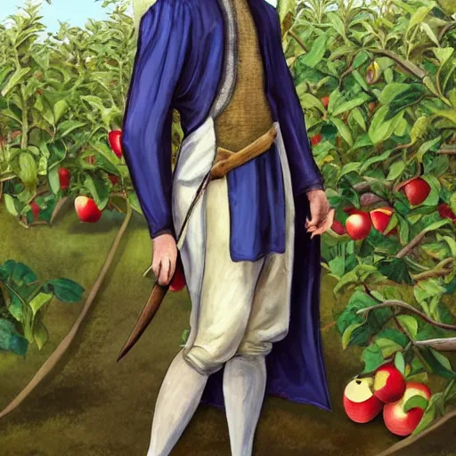 Prompt: realistic portrait of a slender elven man, standing in an apple orchard, dressed in medieval clothes, very handsome, fantasy, dungeons and dragons