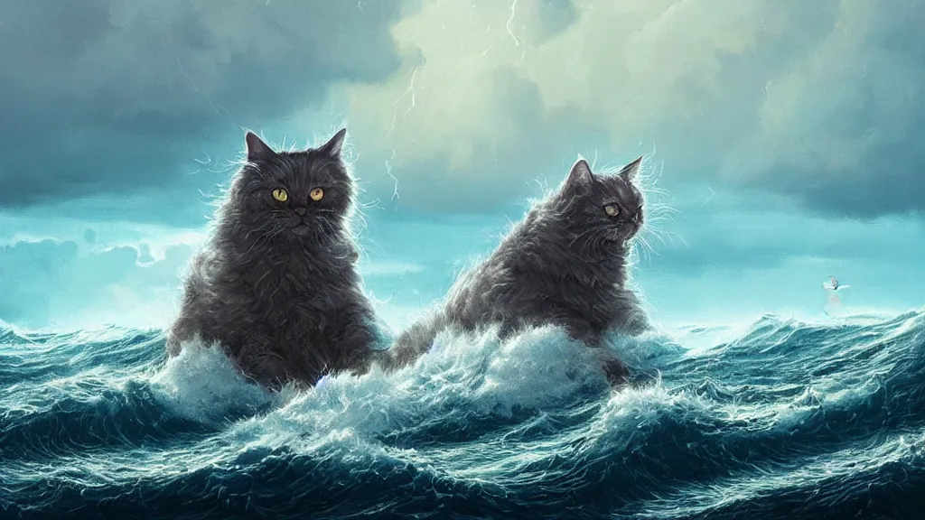 Image similar to a gigantic cat bursting out of a stormy sea attacking a small sail boat, wet fur, giant waves, sunbeams in background, intricate, detailed, volumetric lighting, sharp focus, scenery, photorealism, digital painting, highly detailed, concept art, by simon stalenhag and mark brooks