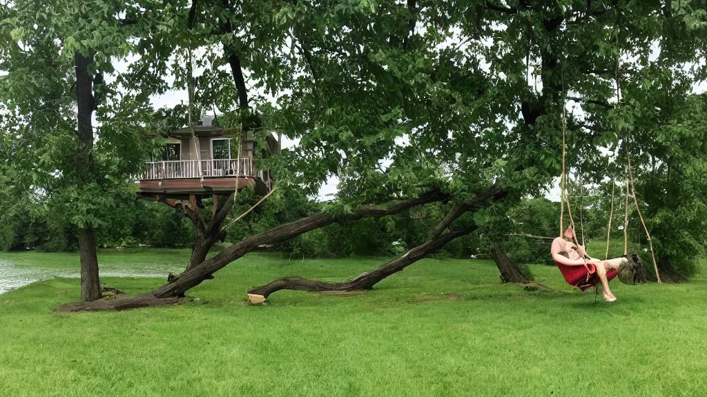 Image similar to our house in the lake had a large tree swing into the lake, my dog was the best rope swinger of all of us and spent the most time on it.