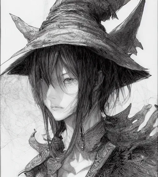 Prompt: portrait of anime woman wearing witch hat, pen and ink, intricate line drawings, by craig mullins, ruan jia, kentaro miura, greg rutkowski, loundraw