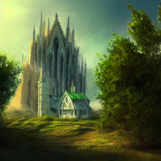 Prompt: greenish chuch in the middle of a desert, concept art, artstation, artistic, 4 k detailed