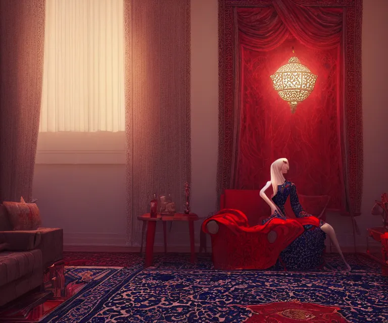 Prompt: arabic living room by charlie bowater and anna dittmann and artgerm and clemens ascher, intricate, elegant, red and white and navy blue, highly detailed, dramatic lighting, sharp focus, octane render, trending on artstation, artstationhd, artstationhq, unreal engine, 4 k, 8 k