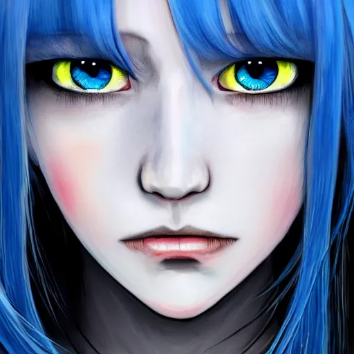 Image similar to full face shot of rimuru tempest, sky blue straight hair, long bangs, with amber eyes, wearing a fancy black jacket, high collar, ultra detailed, brush strokes, digital painting, cinematic, wlop artstation, closeup, pixiv, eerie, scary, intimidating glare, evil, yoshitaka amano, junji ito,