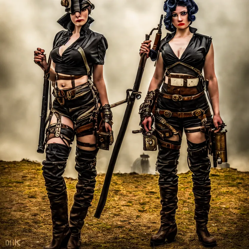 Image similar to full length photo of a very beautiful female dieselpunk warrior with weapons, 8 k, hdr, smooth, sharp focus, high resolution, award - winning photo