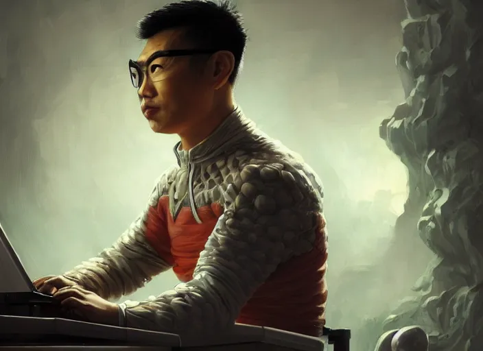 Image similar to an insanely detailed painting of an asian man wearing a homemade superhero costume, sitting at a desk, staring seriously at the computer and typing, in the style of peter mohrbacher, james jean, artgerm, dramatic lighting and composition, surreal background, octane render, pixar, trending on artstation, concept art, comic book, view from behind, 8 k