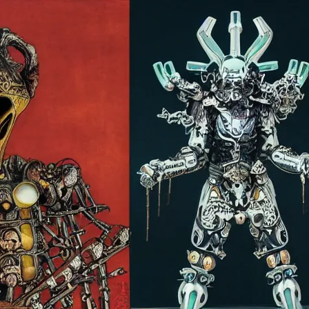 Image similar to still frame from Prometheus by Utagawa Kuniyoshi, lich king Dr doom in ornate bio cybernetic bone armour and skull mask helmet in hells bioship by Wayne Barlowe by peter Mohrbacher by Giger, dressed by Alexander McQueen and by Neri Oxman, metal couture hate couture editorial