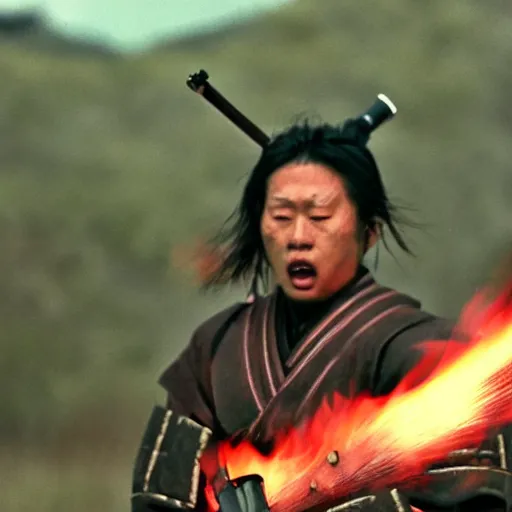 Prompt: cinematic film still NLE Choppa starring as a Samurai holding fire, Japanese CGI, VFX, 2003, 400mm lens, f1.8, shallow depth of field, film photography