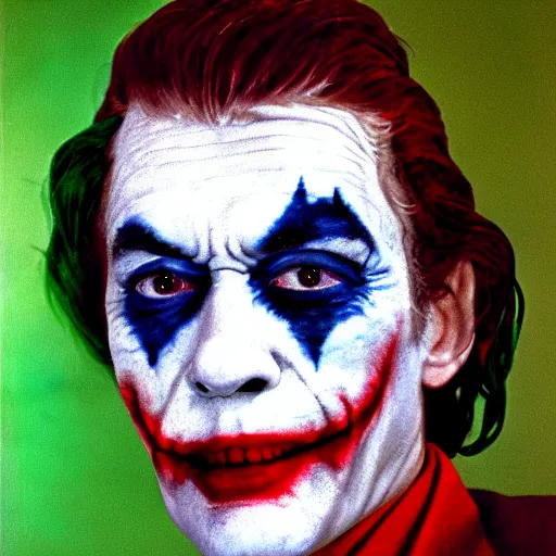 Image similar to peter otoole, hair green, face white, lips red, portrait, impressionistic, film still, joker