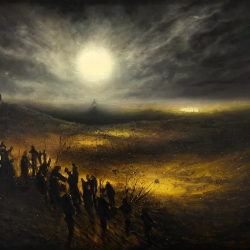 Prompt: dark landscape full of sorrow, horrorific people, black sun, Mariusz Lewandowski