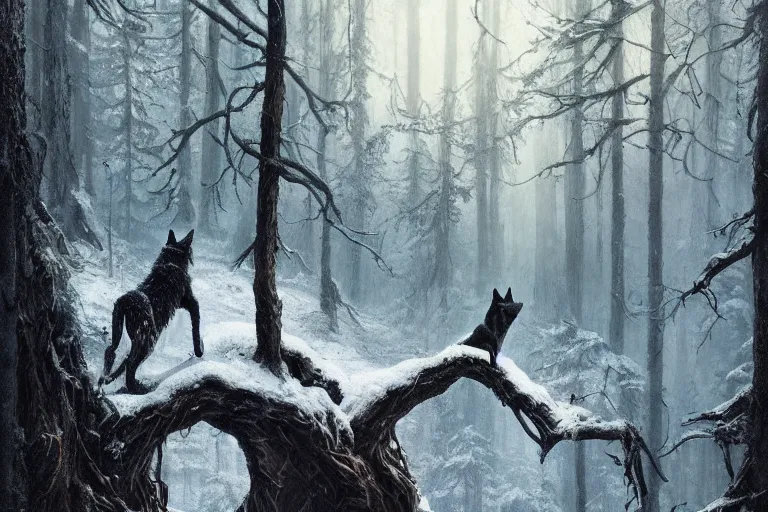 Image similar to a black wolf, standing on top of a fallen tree, winter forest, fantasy, greg rutkowski, cinematic, extremely detailed