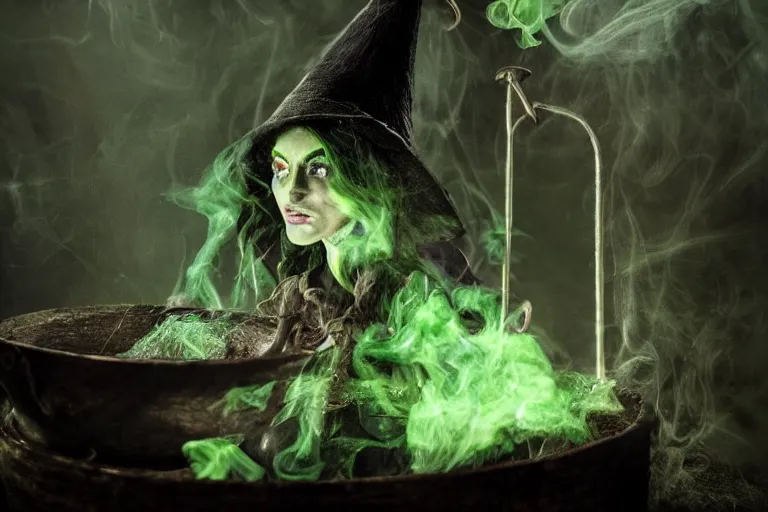 Image similar to close shot of a witch in her lair brewing a magical potion, depressing, gloomy, tired, detailed, witch hat, dungeon, green smoke, fire, smoke, realism, realistic, hyper detailed, green lighting, ambient lighting, green smoke, fog, smoke, cinematic lighting, haze, bokeh, 3D render, Blender, octane render, render, artstation, detailed face, symmetric face,