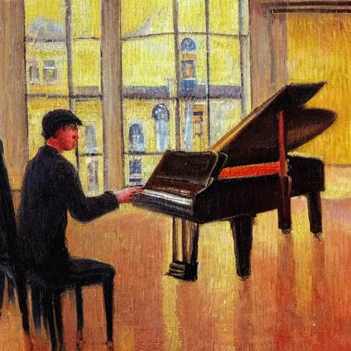 Image similar to A pianist playing piano on a rainy day in a coffee shop. There is a decent amount of people watching and enjoying the music, Impressionism art