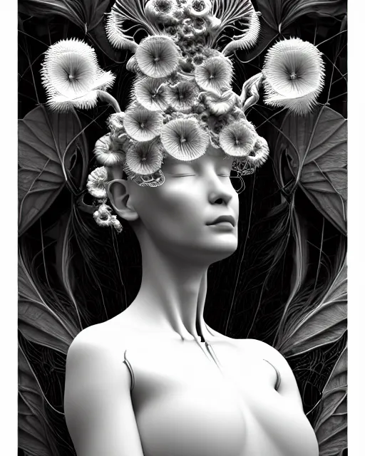 Prompt: bw 3 d render, biomechanical beautiful young female cyborg with a porcelain profile face, analog, big leaves foliage and stems, morning glory flowers, hibiscus flowers, boho floral vines, hexagonal mesh fine wire, sinuous fine roots, alexander mcqueen, art nouveau fashion embroidered, steampunk, mandelbrot fractal, picture taken in 1 9 3 0