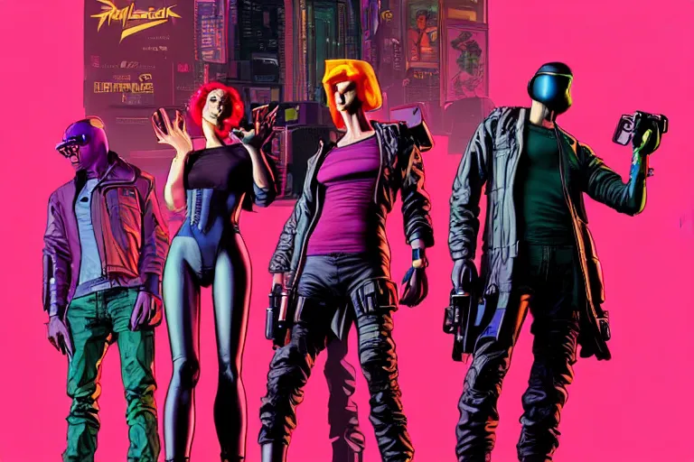 Image similar to cyberpunk heist crew. portrait by stonehouse and mœbius and will eisner and gil elvgren and pixar. character design. realistic proportions. dystopian. cyberpunk 2 0 7 7, apex, blade runner 2 0 4 9 concept art. cel shading. attractive face. thick lines. hi def 4 k. the team. detailed characters.