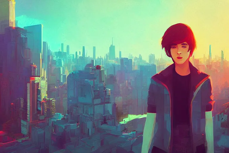 Image similar to a digital art of a selfie of max caulfield standing in a metropolis, youth, light effect, highly detailed, by anton fadeev, by jim burns, a realism masterpiece