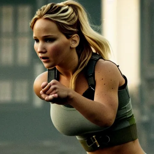 Image similar to still of Jennifer Lawrence as Cammy in remake of movie Street Fighter (2029)