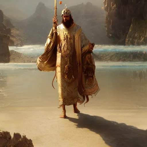 Image similar to a holy saint walking on water. photorealism. pseudo realistic. detailed. 4 k masterpiece. cgsociety. by tianhua xu. by gaston bussiere.