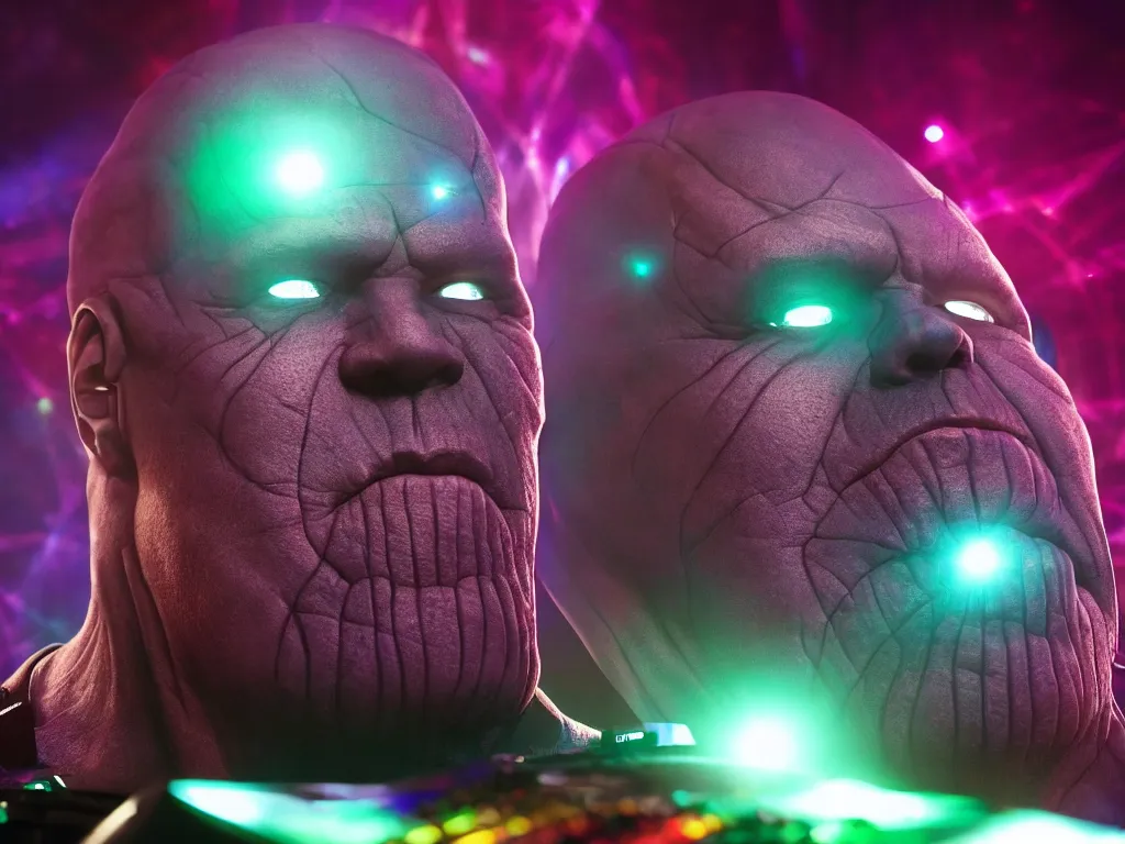 Image similar to photo of Thanos is djing at an underground warehouse rave, he is looking stressed because he is bombing badly. award winning, atmosphere, coloured lasers and stage lighting, stage smoke, 1x