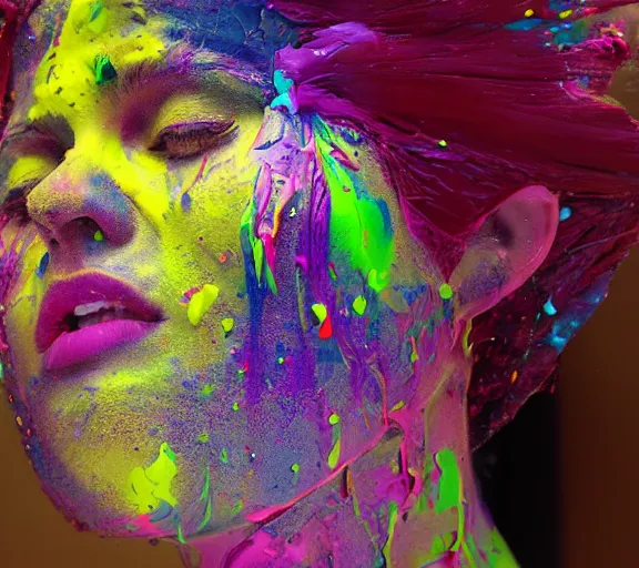 Image similar to still shot footage of a portrait of a female angel's head made of acrylic pour and coloured powder explosion and splashing paint and dripping paint and flying paint chunks, closing eyes, motion blur, hyperrealistic, medical, intricate art photography, anatomically correct, realistic crisp textures, 1 6 k