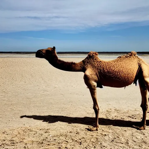 Prompt: a three legged camel at the seaside