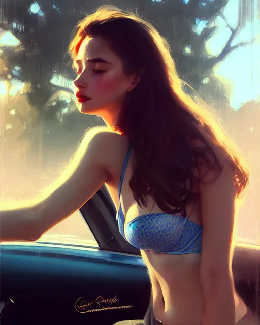 Prompt: a beautiful girl with jacket and bra sitting behind the wheel of a car | | realistic shaded, unpleasant face, bad looking, fine details, realistic shaded lighting poster by greg rutkowski, magali villeneuve, artgerm, jeremy lipkin and michael garmash and rob rey