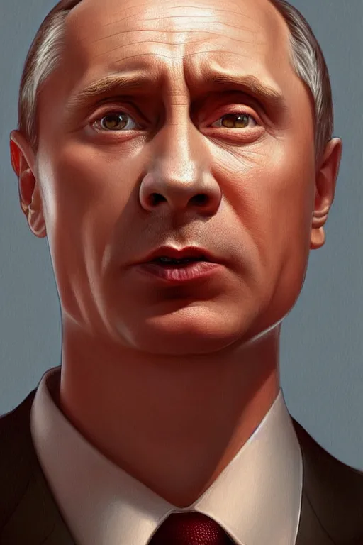 Image similar to vladimir putin as homer simpson, realistic portrait, symmetrical, highly detailed, digital painting, artstation, concept art, smooth, sharp focus, illustration, cinematic lighting, art by artgerm and greg rutkowski and alphonse mucha