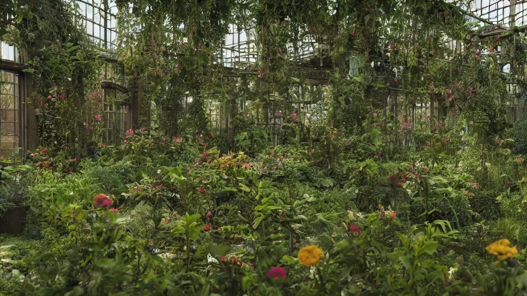 Image similar to exploring an abandoned overgrown greenhouse, becoming overgrown with plants with small colourful flowers, hyperrealistic, ambient lighting highly detailed, 4 k hd