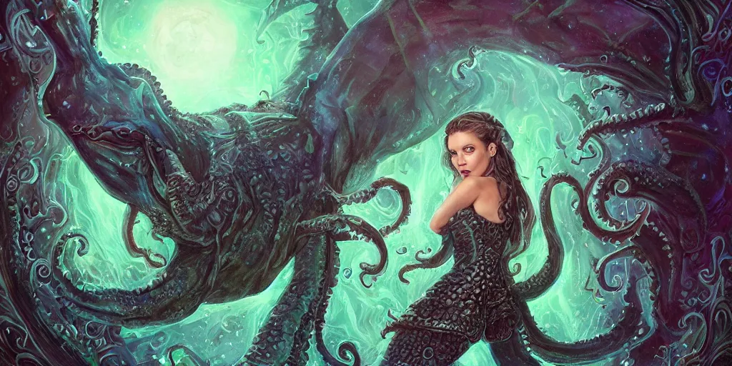 Image similar to Fantasy fairytale style portrait painting, Great Leviathan Turtle, cephalopod, Cthulhu Squid, hybrid, Mythic Island, center Universe, accompany Cory Chase, Blake Lively, Anya_Taylor-Joy, Grace Moretz, Halle Berry, Mystical Valkyrie, Anubis-Reptilian, Atlantean Warrior, hybrid, intense fantasy atmospheric lighting, digital oil painting, hyperrealistic, François Boucher, Michael Cheval, Oil Painting, Cozy, hot springs hidden Cave, candlelight, natural light, lush plants and flowers, Spectacular Mountains, bright clouds, luminous stellar sky, outer worlds, Jessica Rossier, michael whelan, William-Adolphe Bouguereau, Solar Flare HD,